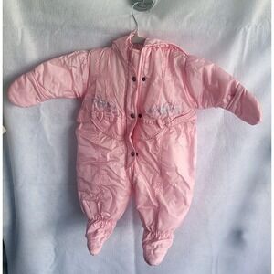 vintage weather tamer pink girly snowsuit 0-6m small warm‎ with ruffles flowers